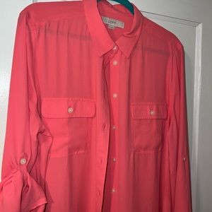 Coral color semi-sheer button down shirt